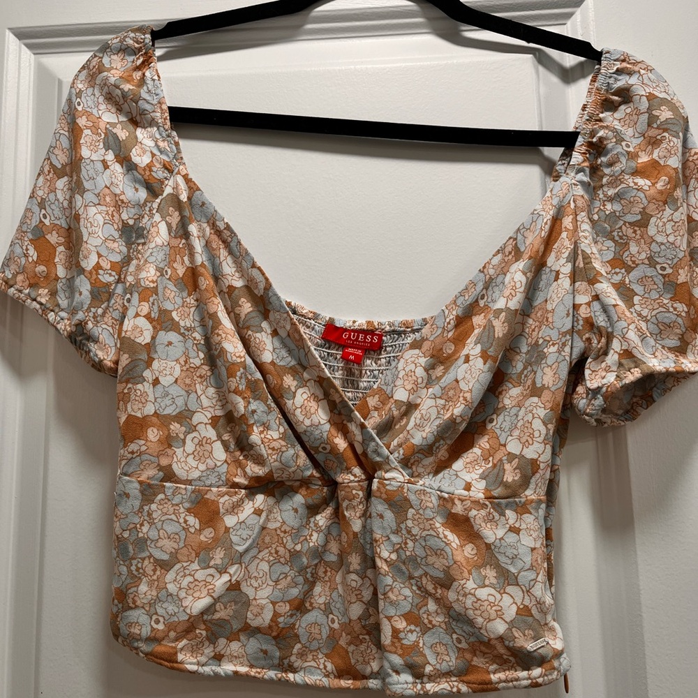 Guess Tan, Blue and Cream Floral Crop Top